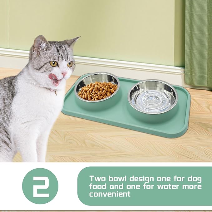 MUYG Double Dog Food Bowls Stainless Steel with No Spill Non Skid Silicone Mat Removable Dog Water and Food Bowls Set Durable Feeding for Small Dogs Puppy Cat Kitten(Blue)