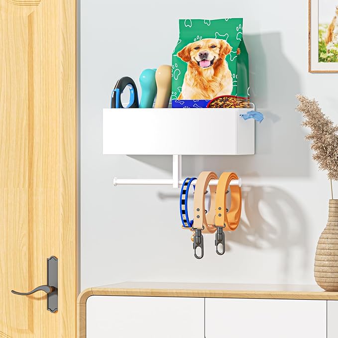 Dog Leash Holder for Wall, Dog Leash Hooks, Pet Stuff Organizer with Shelf Storage, Metal Key Holder, Leash Hangers Organizer Rack for Pet Collar, Toys, Treats, Poop Bag (White)