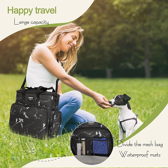 LARIPOP Dog Travel Bag,Weekend Pet Travel Bag Set,Airline Approved Tote,Multi-Function Dog Bags for Traveling,Include 2 Collapsible Bowls,2 Food Storage Containers,1 Feeding Mat,Marble