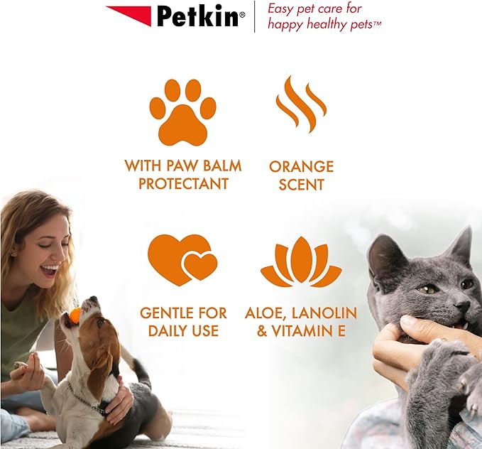 Petkin Big N' Thick Paw Wipes for Dogs, 100 Large Wipes (4 Pack) - Clean Dirty Paws After Walks, with Paw Balm Protectant - Keep Floors and Furniture Clean - Ideal for Home or Travel - Orange Scent