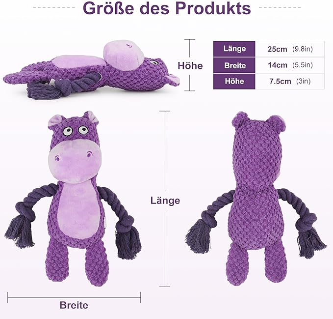 TONYFY Dog Toys, Dog Squeaker Toys with Crinkle Paper, Stuffed Animal Dog Plush Chewing Toy, Cotton Rope Interactive Toys for Puppy, Small, Middle Dogs (Purple Hippo)