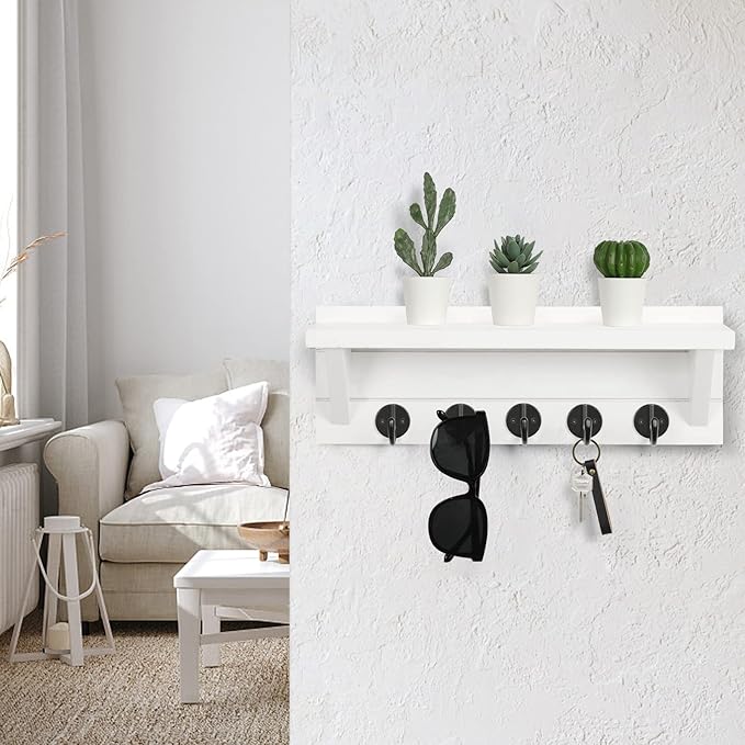 Wall Key Holder, Rustic Shelf with Hooks Made of Paulownia Wood Holds Keys, Dog Leash, Bags and More - 13.7" W x 4.7" H x 3.5" D Decorative Key Hanger and Entryway Shelf