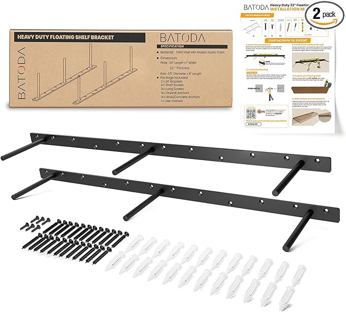 BATODA 32" Heavy Duty Floating Shelf Bracket (2 pcs) – Solid Steel Blind Shelf Supports - Hidden Brackets for Floating Wood Shelves Kitchen, Living Room - Shelving Mounting Hardware Included (Pack 2)