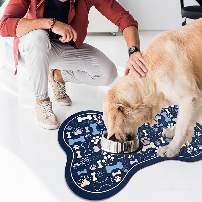Dog & Cat Food Mat Bone Shaped Pet Feeding Mat Quick Absorb Water Bowl Placemat with Rubber Backing Indoor Floor Stain Resistant Pet Accessory Supplies (Blue, 12x24 Inches)