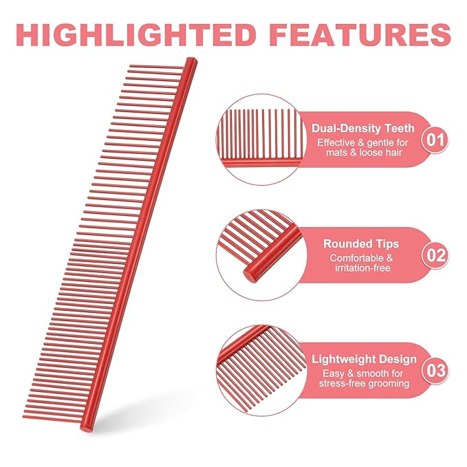 PETAXCELL Dog Cat Comb, Pet Combs Stainless Steel Teeth with Rounded Ends for Knots Mats Loose Hair Removal, 6.5/7.5IN (Red Coated, 2 Pack), Grooming Tool Intended for Long Curly Hair Pet