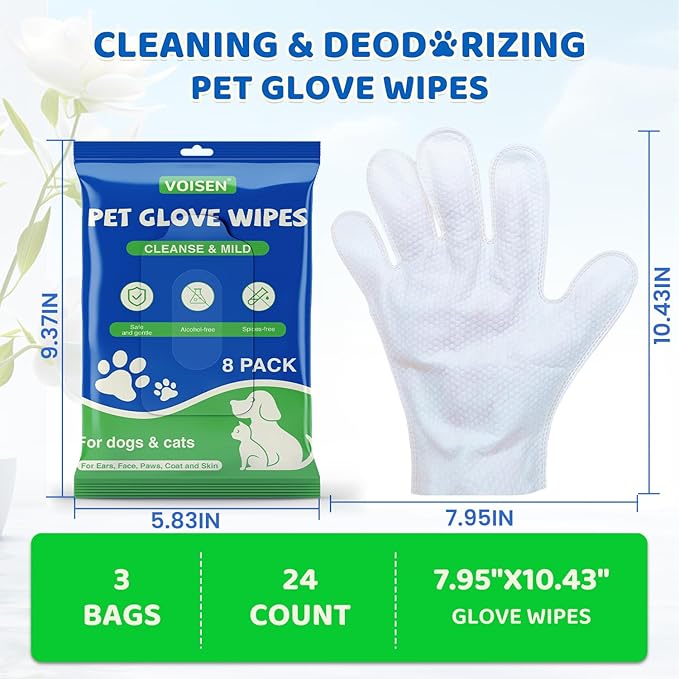 VOISEN Pet Glove Wipes for Dogs,24 Pcs Pet Cleaning Gloves,Dog Wipes Cleaning Deodorizing,Unscented Thick Pet Wipes for Nourish Fur Daily Care and Travel