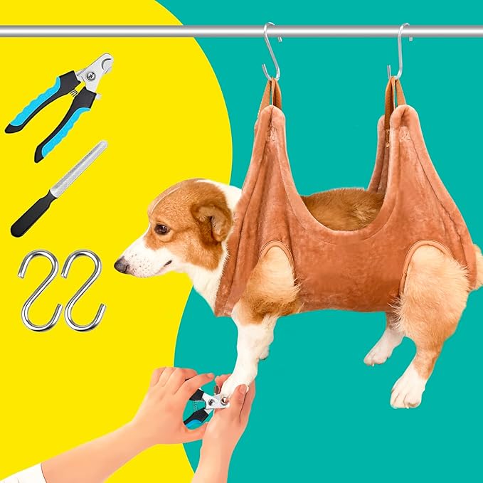 Dog Grooming Kit, Dog Grooming Supplies, Dog Grooming Hammock, Dog Grooming Harness, Dog Nail Clippers, Dog Nail Grinder, Hooks, Dog Hammock Kit for Nail Trimming/Hair Trimming(Coffee, M)
