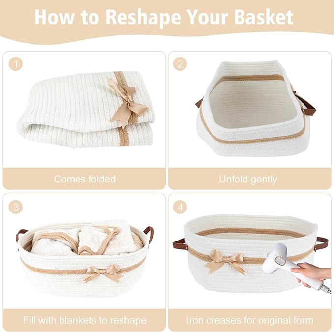 Large Gift Baskets Empty with Handles, 14"x 10"x 5.5" Cotton Rope Storage Basket Storage for Gifts Clothes Baby Diaper Pet Toys (White)