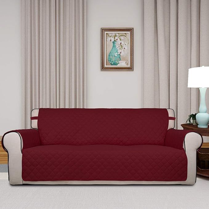 PureFit Reversible Quilted Sofa Cover, Water Resistant Slipcover Furniture Protector, Washable Couch Cover with Non Slip and Elastic Straps for Kids, Pets (Sofa, Red/Ivory)