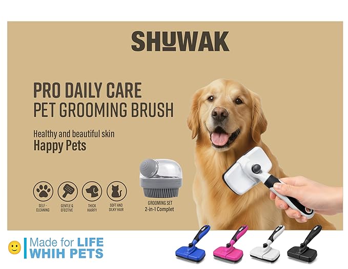 Grooming Duo, 2-in-1 Pet Brush Set with Retractable Self-Cleaning Brush and Silicone Bath Brush for Dogs and Cats (BLUE)