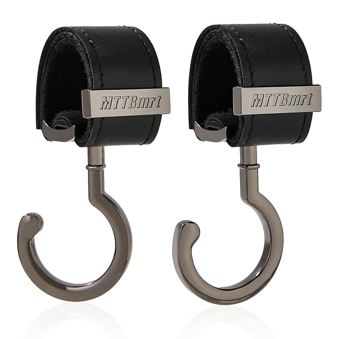 2 Pack Stroller Hooks,Strong Synthetic Leather Hook-and-Loop Fastener&High-Quality Metal Hooks,Universal Bag Clip|360° Rotation, 66lb Capacity,Non-Slip-Fits Wheelchair(Black-Silver Gray)