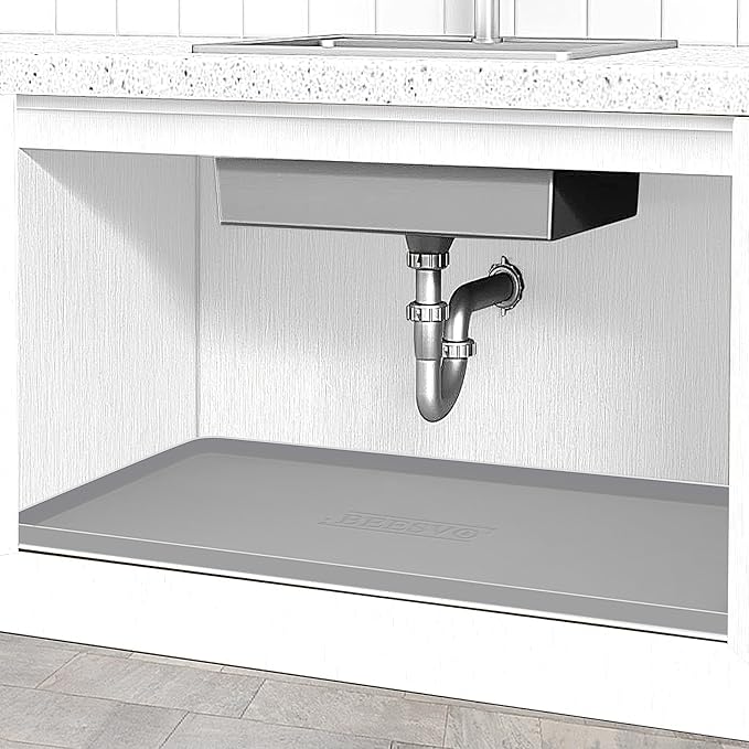 Under Sink Mat for Kitchen Waterproof, 34" x 19" Silicone Under Sink Liner Kitchen & Bathroom Cabinet Protector Mats, Heavy Duty Flexible Under Sink Drip Tray with Lip, Cool Grey