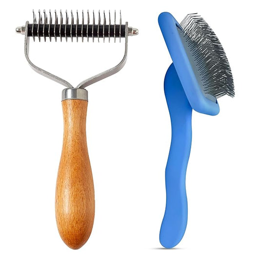 We Love Doodles Pet Dematting Comb and Curved Grooming Slicker Brush Bundle - Deshedding Undercoat Rake, Comb for Detangling Thinning and Shedding, Slicker Brush for All Hair Types