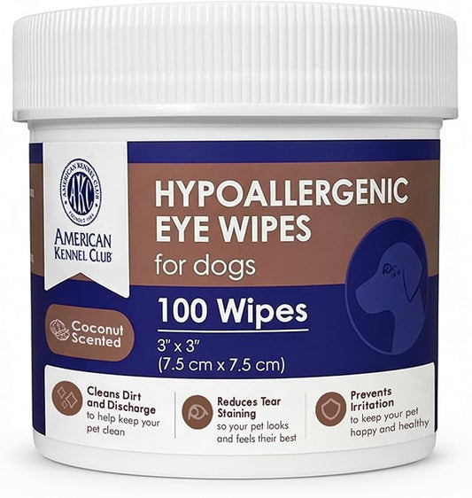 AKC Pet Eye Wipes for Dogs & Cats – Tear Stain Remover & Eye Discharge Cleaner – Hypoallergenic Grooming Wipes, 100 Count (Coconut Scent)