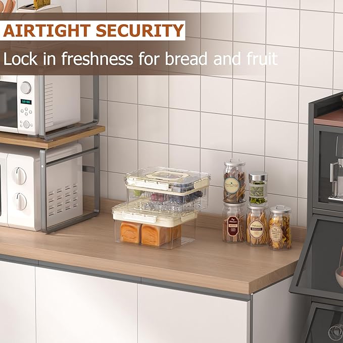 Bread Box with Ice Chilled Condiment Caddy, Portable Airtight Storage Container with Lid Handle for Kitchen Counter, Keeper for Homemade Bread, Toast, Bagel, Cookies, Beige