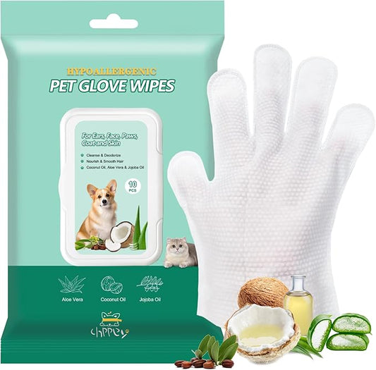 CHPPEY Pet Cleaning and Deodorizing Bathing Grooming Glove Wipes for Dogs and Cats, Extra Thick Nourish Fur No-Rinse Grooming Wipes for Daily Care and Travel, Hypoallergenic, 10 pcs
