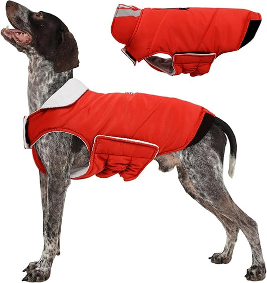 Kuoser Dog Winter Coat Cold Weather Reflective Waterproof Dogs Jacket, Warm Fleece Lined Turtleneck Doggy Vest with Zipper, Dog Snow Jacket Pet Apparel for Small Medium Large Dogs, Red M