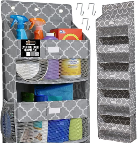 GORILLA GRIP Large Capacity Closet Organizer, 5 Deep Shelves, Holds 50lbs, Over the Door Organizers 6 Mesh Pockets, Shelf Storage for Clothes Crafts Essentials, 3 Metal Hooks, 58x15 Inches, Quatrefoil