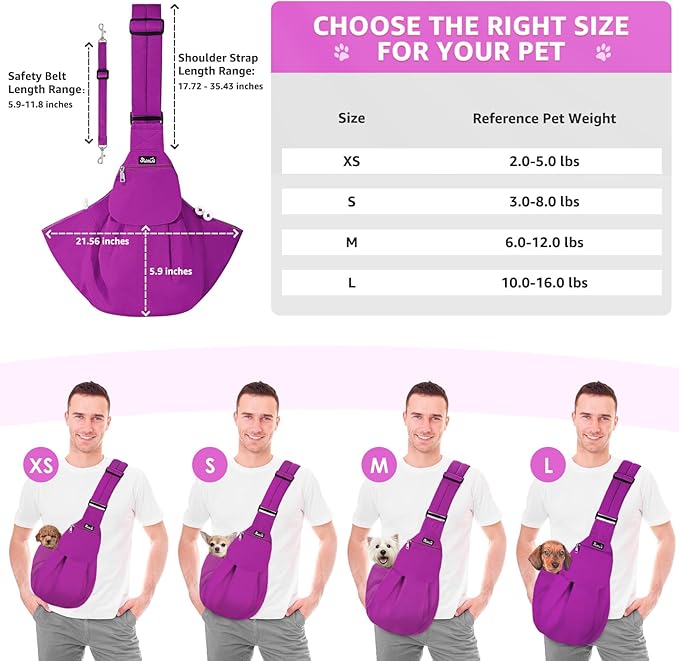 SlowTon Dog Carrier Sling - Thick Padded Shoulder Strap Adjustable Dog Carriers for Small Dogs, Puppy Carrier Purse for Pet Cat with Front Zipper Pocket Safety Belt Machine Washable (Purple S)