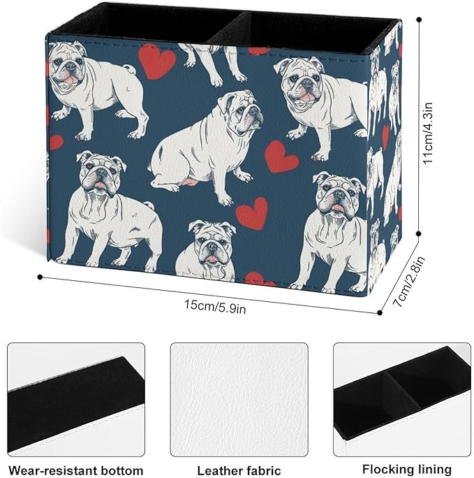 Famame English Bulldog with Hearts Pencil Holder for Desk, Leather Desktop Container Pen Cup Storage Study Table Pen Organizer Makeup Brush Holder for Classroom Office Home