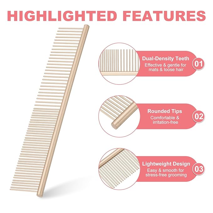 PETAXCELL Dog Cat Comb, Pet Combs Stainless Steel Teeth with Rounded Ends for Knots Mats Loose Hair Removal, 6.5/7.5IN (Gold Coated, 2 Pack), Grooming Tool Intended for Long Curly Hair Pet