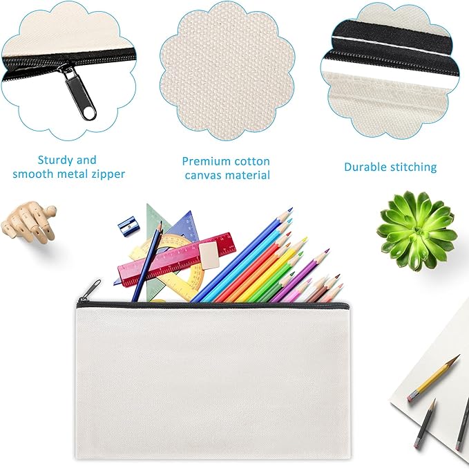 12 Pieces Cotton Canvas Makeup Bag, Multipurpose Cosmetic Bag with Zipper Travel Toiletry Pouch, Blank DIY Craft Bag (Black, XL)