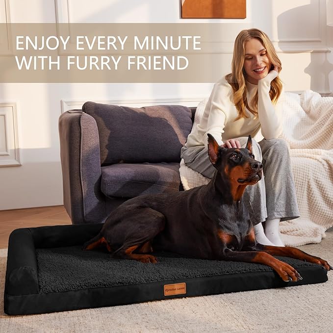 Patas Lague Orthopedic XL Dog Bed Large Sized Dog 48''X30'', Waterproof L Bolster Big Large Pet Sofa Beds with Removable Washable Cover, Soft Pet Couch Crate Mat with Nonskid Bottom, Black