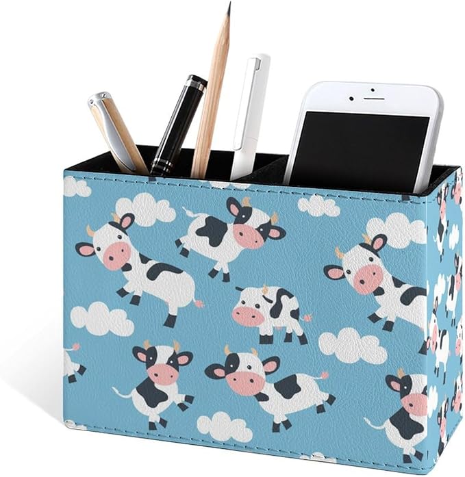 Famame Clouds Cute Cow Pencil Holder for Desk, Leather Desktop Container Pen Cup Storage Study Table Pen Organizer Makeup Brush Holder for Classroom Office Home
