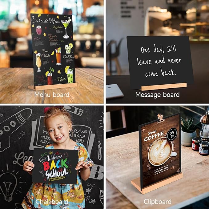 Tabletop Chalkboard with Wood Stand - 1 Pack, 8 x 12 Inch Double Sided Blackboard Food Signs Menu Message Boards for Coffee Bar, Lemonade Stand, Party Decoration - Slant Back