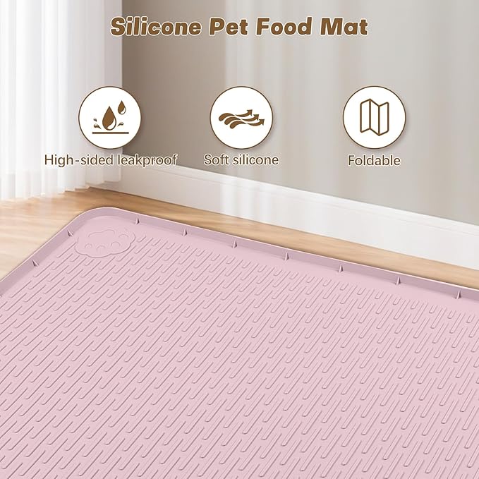 Bartuke Cat Food Mat, 40" x 28" Extra Large Silicone Pet Feeding Mat with Raised Edge Pet Placemat for Food and Water Bowl Non-Slip, Easy to Clean, Floor Protection (Pink)