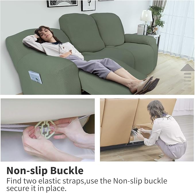 Easy-Going 6 Pieces Recliner Loveseat Stretch Sofa Slipcover Sofa Cover Furniture Protector Couch Soft with Elastic Bottom Kids, Spandex Jacquard Fabric Small Checks Greyish Green