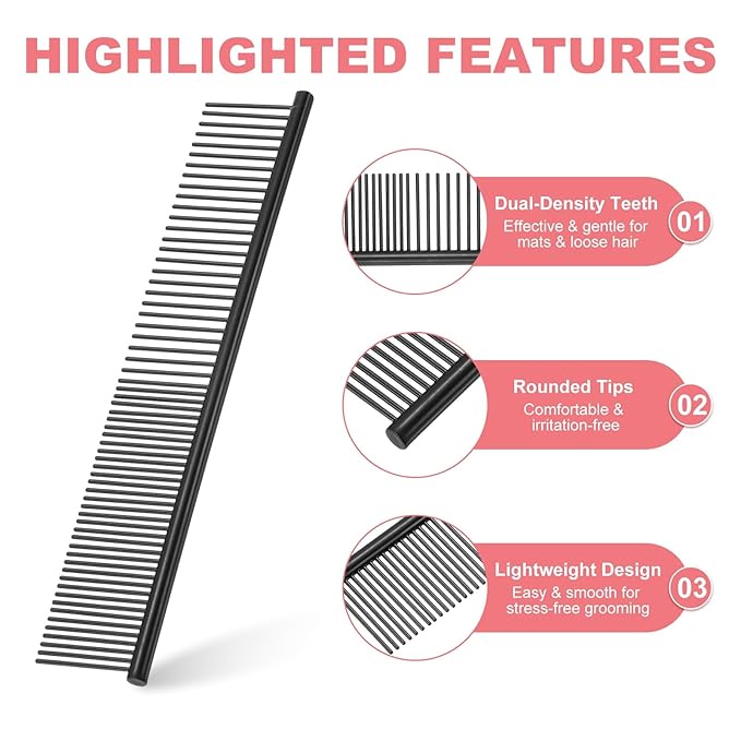 PETAXCELL Dog Cat Comb, Pet Combs Stainless Steel Teeth with Rounded Ends for Knots Mats Loose Hair Removal, 6.5/7.5IN (Black Coated, 2 Pack), Grooming Tool Intended for Long Curly Hair Pet