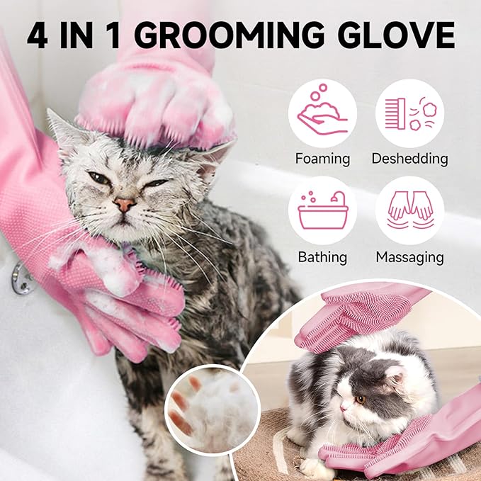 KUEIOX Dog Washing Gloves - Quick Drying Dog Towel,Cat Bath Grooming Gloves Brush with High-Density Teeth for Bathing Massaging，Absorbent Pet Bath Towel 30.3"x13.8" with Hand Pocket for Dog Cat Pink