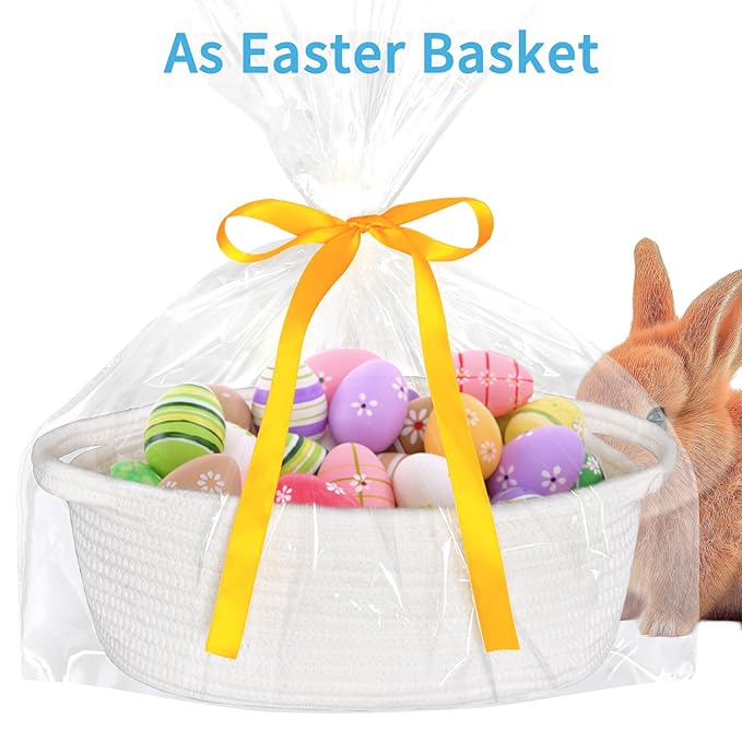 ABenkle Small Basket with Gift Bags and Ribbons, Empty Gift Baskets, Decorative Boho Rope Woven Nursery Storage Organizer Toy Baskets with Handle for Baby Showers, 12"X 8" X 5", White