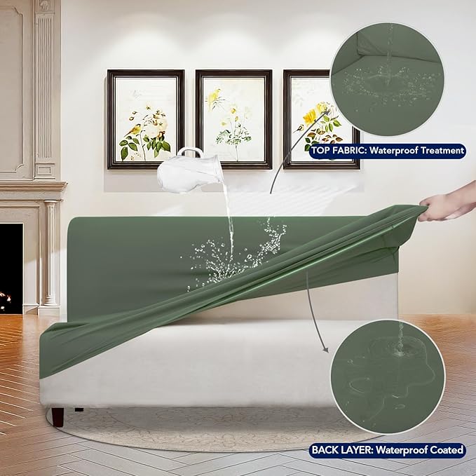 PureFit 100% Dual Waterproof Futon Cover - Stretch Non Slip Fleece Sofa Covers, Washable, Leakproof Furniture Protector for Kids, Pets, Dogs (Grayish Green)