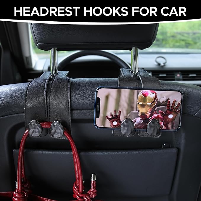 4 PCS Leather Car Seat Hooks for Headrest, Vehicle Hanger Storage Organizer Universal for Handbag Purse, Car Accessories Gift (Black-Black-4 PCS)