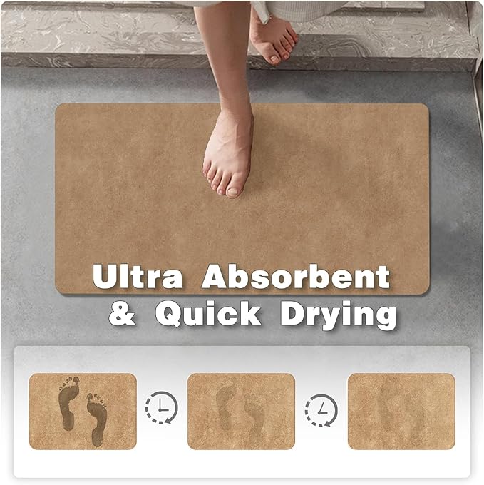Bathroom Mat Quick Dry, Bathroom Rugs Non Slip Washable Thin Absorbent Bath Mat Fits Under Door Bathroom Floor Mat Perfect for Bath, Shower, or Sink 24"x70" Camel