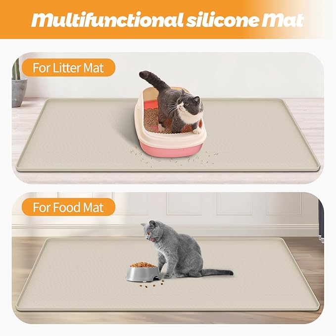 Bartuke Cat Litter Mat, Extra Large 51" x 25.6" Silicone Mat Litter Trapping Mat for Scatter Control, Soft on Kitty Paws, Easy to Clean (Beige)