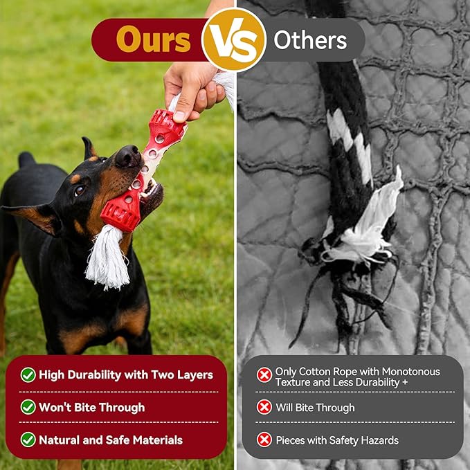 KGPERGU Interactive Tug of War Dog Toy, Durable Teeth Cleaning Chew Toy, Outdoor Fetch and Retrieve Dog Toy, Natural Rubber Bone with Cotton Tassels for Medium and Large Dogs, Cream Scented, Red/White
