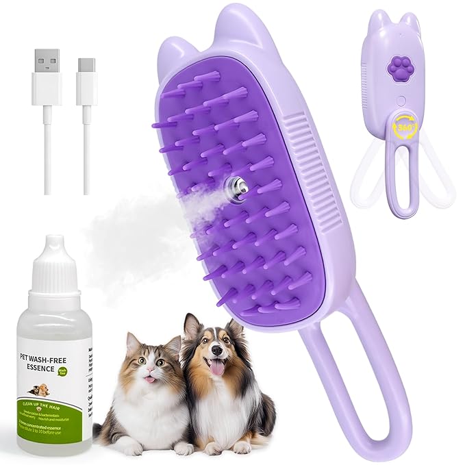 Cat Steam Brush for Dog & Cat, Spritz Defur Comb 3 in 1 Pet Rechargeable Steam Brush Tool for Long and Short Haired Cats and Dogs, Anti-Static, Shedding, Detangling, Massage & Combing (Purple)