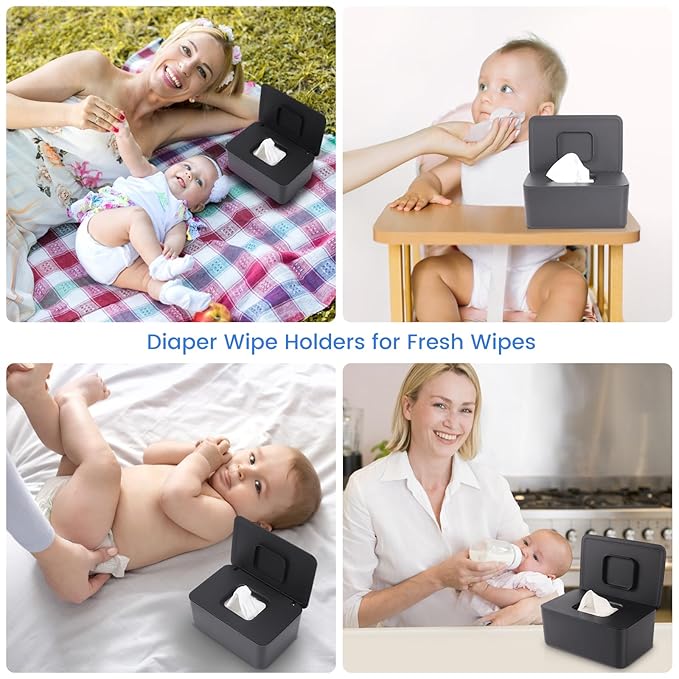2 Pack Lijroavy Baby Wipes Dispenser, Baby Wipe Holder for Fresh Wipes, Non-Slip Baby Wipes Container, Refillable Wipes Box, Wipes Case with Sealing Design Lid (Black and White)