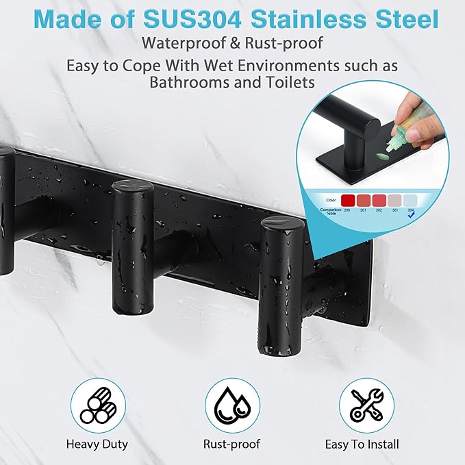 Alise Black Coat Hooks Hat and Coat Rack with 3 Hooks Wall Mount Key Hooks for Robes, Bags, Keys, and Towels,SUS304 Stainless Steel Wall Hooks for Hanging,Self Adhesive or Drilling Mounted