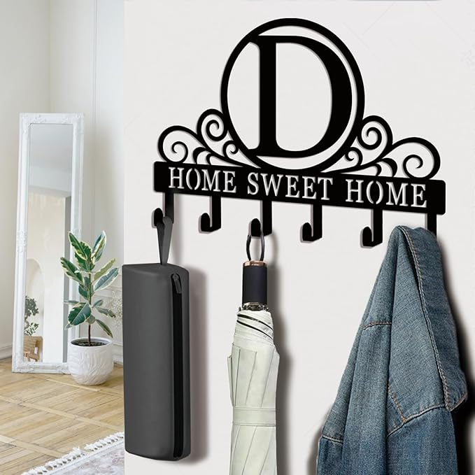 Metal Letter D Key Holder for Wall, Monogram Coat Rack Wall Mount, Key Hooks Perfect for Bathroom, Living Room, Kitchen, Office Ideal Wedding, Anniversary, Housewarming Gift (D)