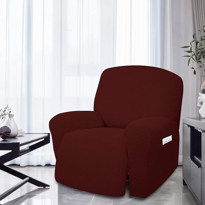 Easy-Going 4 Pieces Oversized Recliner Stretch Sofa Slipcover Sofa Cover Furniture Protector Couch Soft with Elastic Bottom Polyester Spandex Jacquard Fabric Small Checks Wine,X-Large