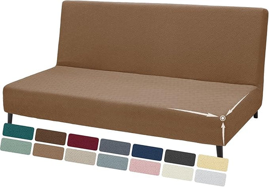 ZNSAYOTX Stretch Fit Futon Cover (67"-82") Armless Futon Sofa Bed Slipcover with Elastic Band, Universal Foldable Sofa Mattress Protector Full Queen Size, Washable Comfort Jacquard (Light Coffee)