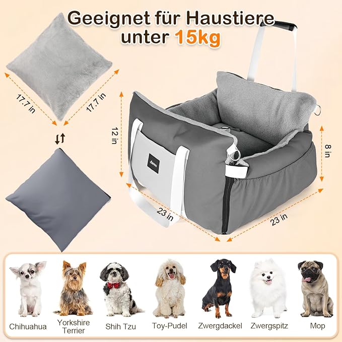 Dog Car Seat for Small Dogs with Extension Zone, Portable Washable Travel Bed for Pets up to 30 lbs, Booster Seat for Front Seat & Camping, Includes Harness Clip – Grey