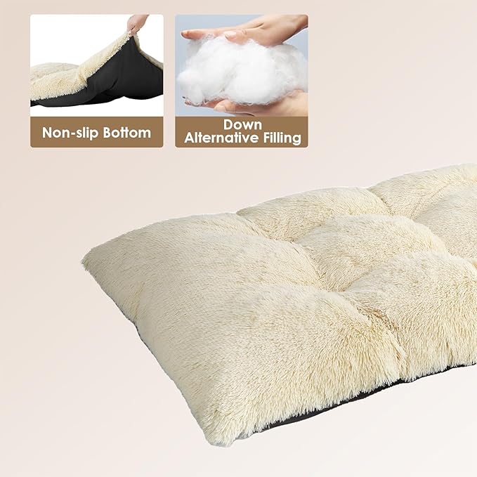 EHEYCIGA Fluffy XXL Dog Crate Pad, Plush Faux Fur Crate Bed for Extra Large Dogs, Calming Anti Anxiety XXL Dog Bed, Washable Warm Mat with Non-Slip Bottom, Ivory Beige