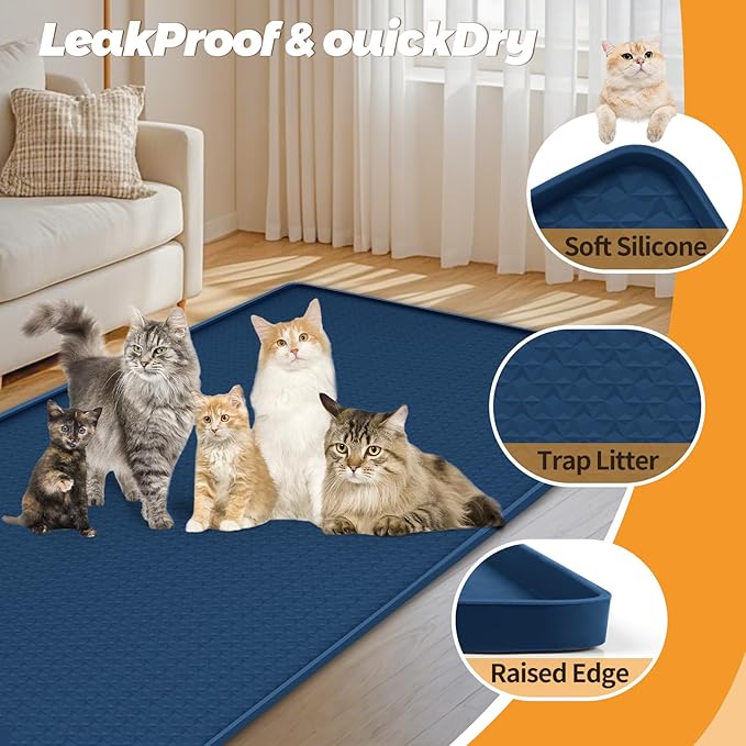 Bartuke Cat Litter Mat, Extra Large 51" x 25.6" Silicone Mat Litter Trapping Mat for Scatter Control, Soft on Kitty Paws, Easy to Clean (Navy Blue)
