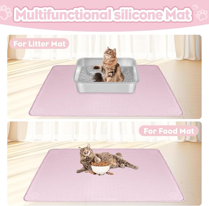 Bartuke Cat Litter Mat, Extra Large 34" x 22" Silicone Mat Litter Trapping Mat for Scatter Control, Soft on Kitty Paws, Easy to Clean (Pink)