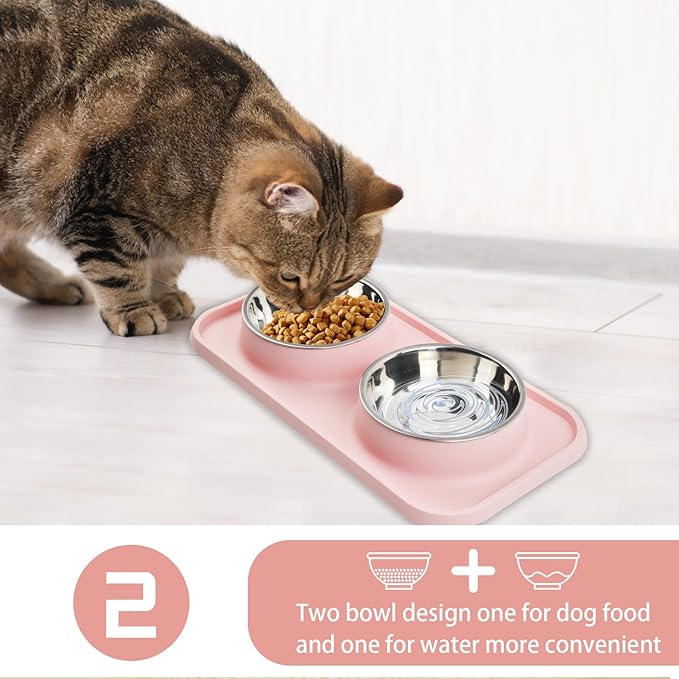 MUYG Double Dog Food Bowls with Mat,Stainless Steel Dog Bowls with No Spill Non Skid Silicone Mat Removable Cats Water and Food Bowl Set for Puppy Cats Kitten Small Medium Dogs(Pink)